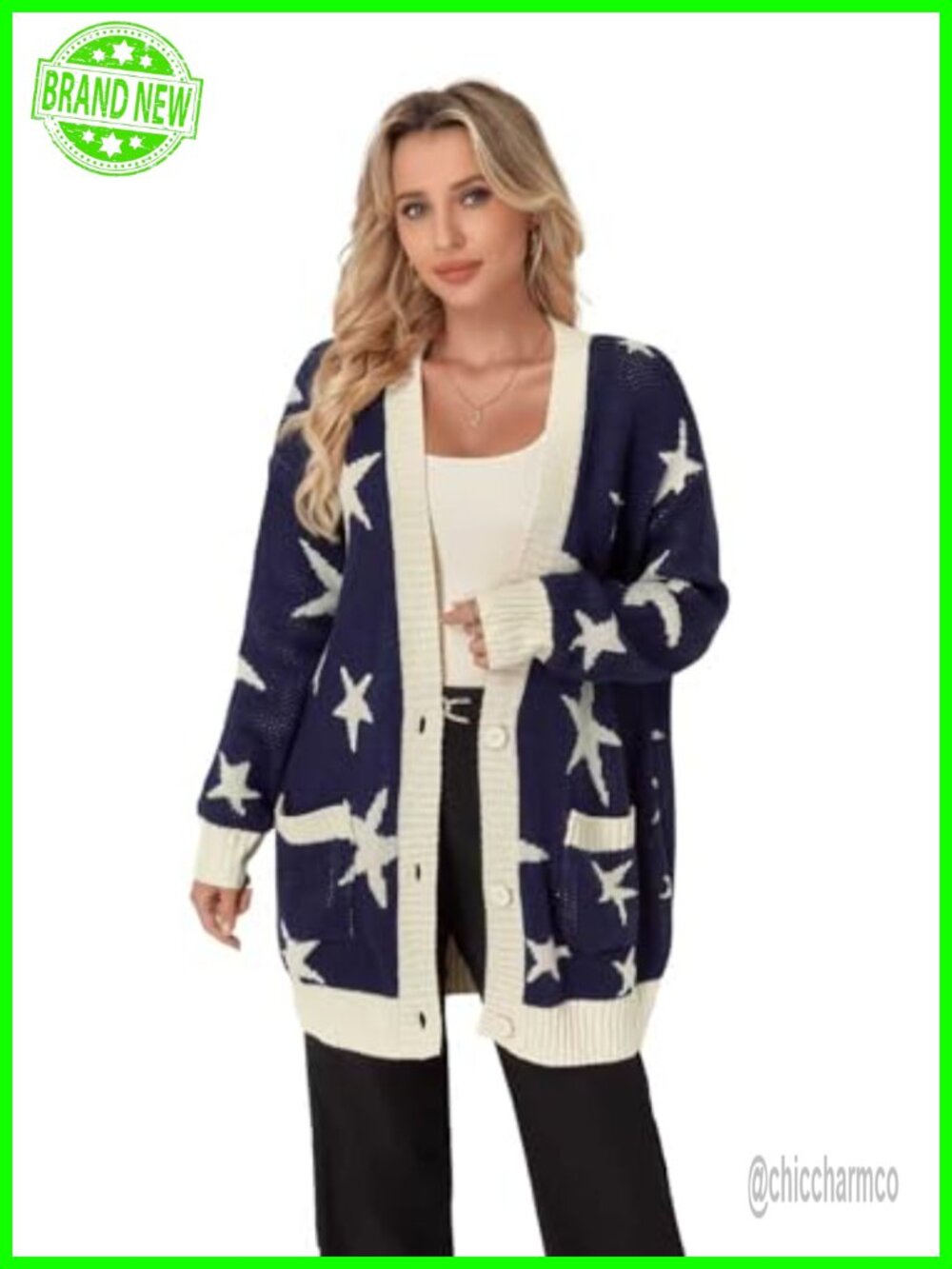 Women's Open Front Button Down Cardigan Star Bow Check Sweater